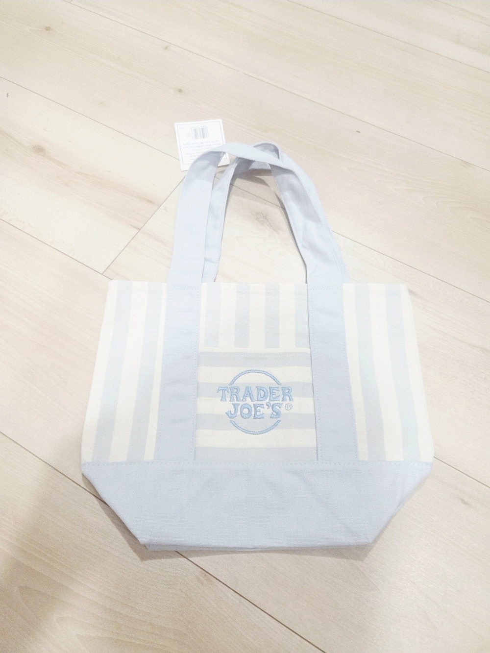 TRADER JOES Light Blue & White Striped Tote Bag